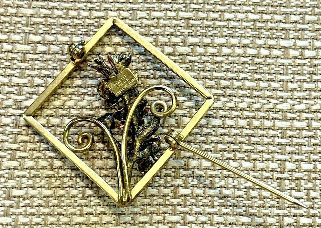 Vintage Dixelle Dainty 12k GF Sterling Trim  Sq Brooch Pin Pearl Enamel Flowers