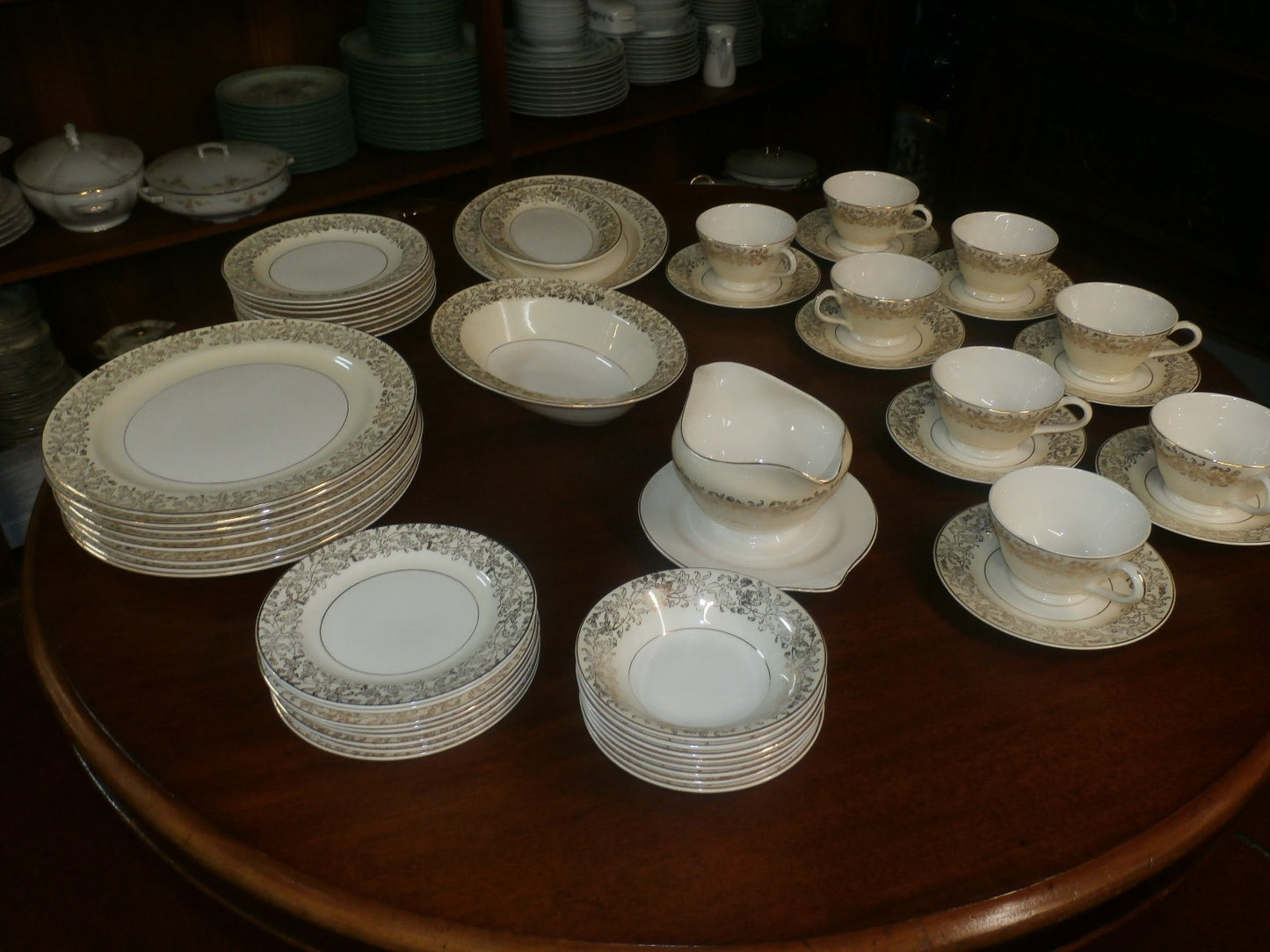 51 Pc. Edwin M Knowles Semi Vitreous Gold Floral China Set Service for 8 plus