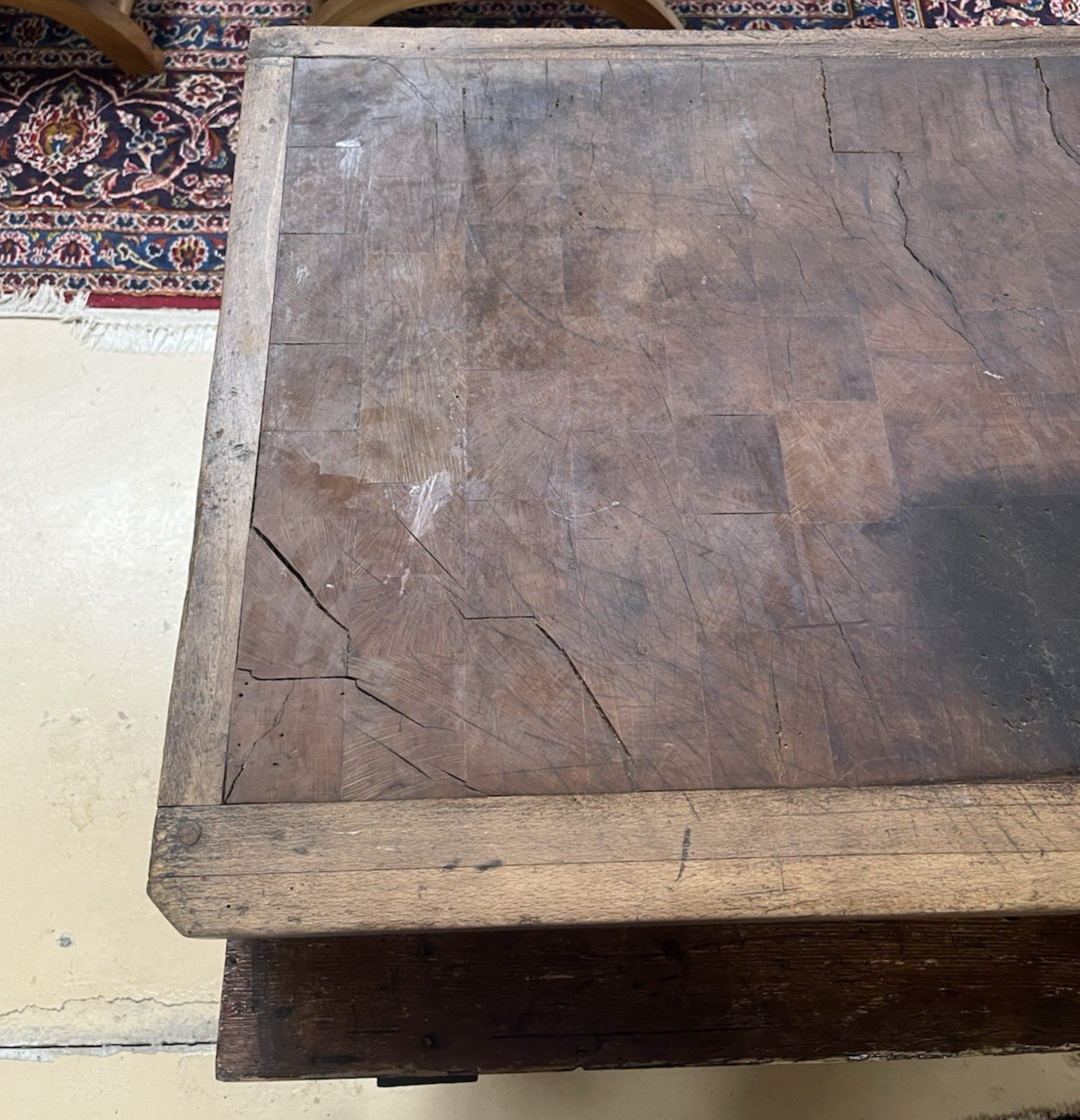 ANTIQUE FRENCH CARVED MIXED WOOD BUTCHER'S BLOCK WORK TABLE ISLAND 61" x 21"