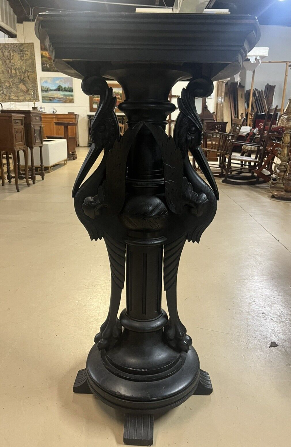 Antique Ebonized Black Wood Pedestal Plant Stand 2 Cranes FS16