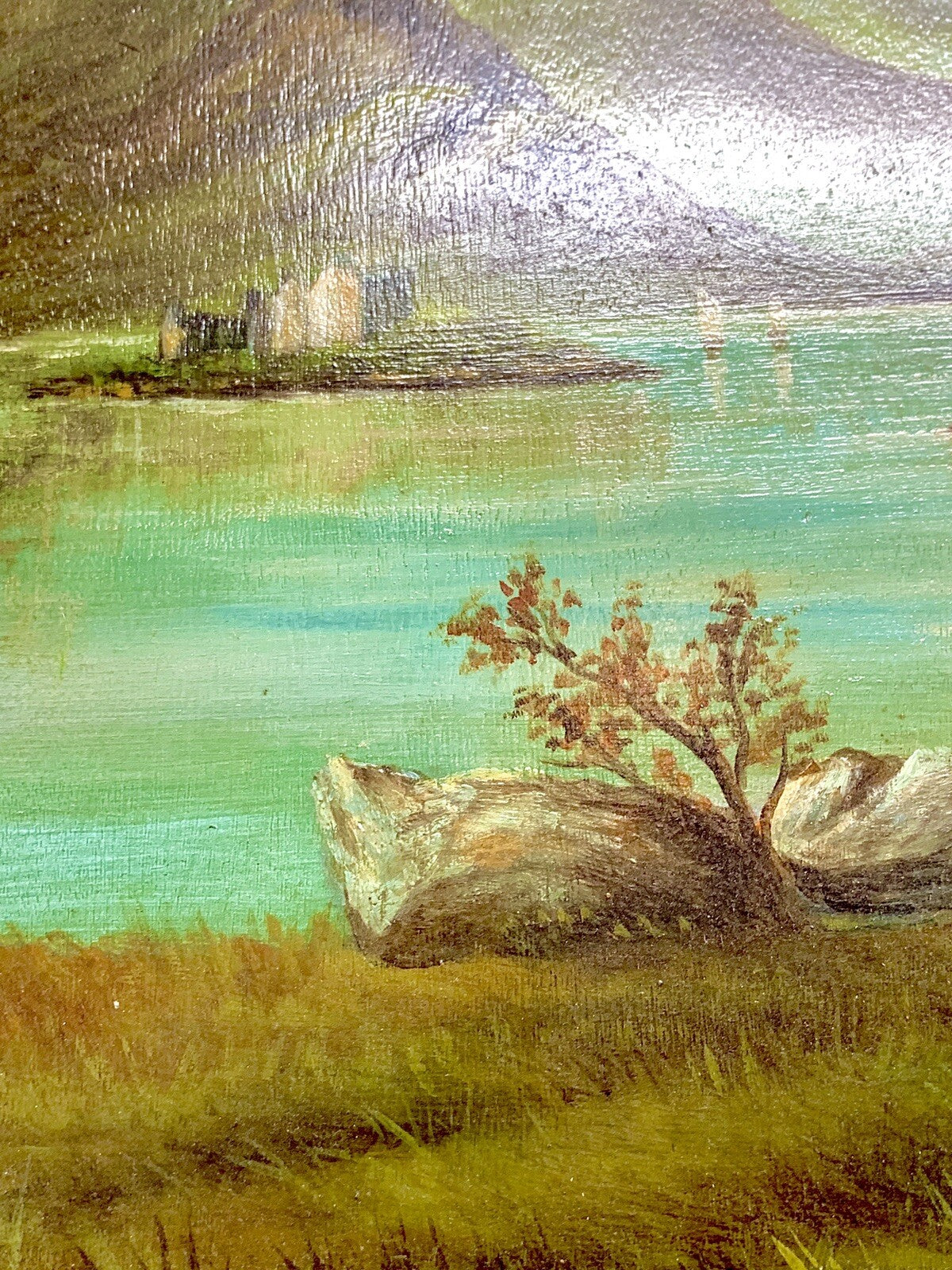 E. Thompson Oil Painting on Panel Signed 1894 Mountains & Lake Earl