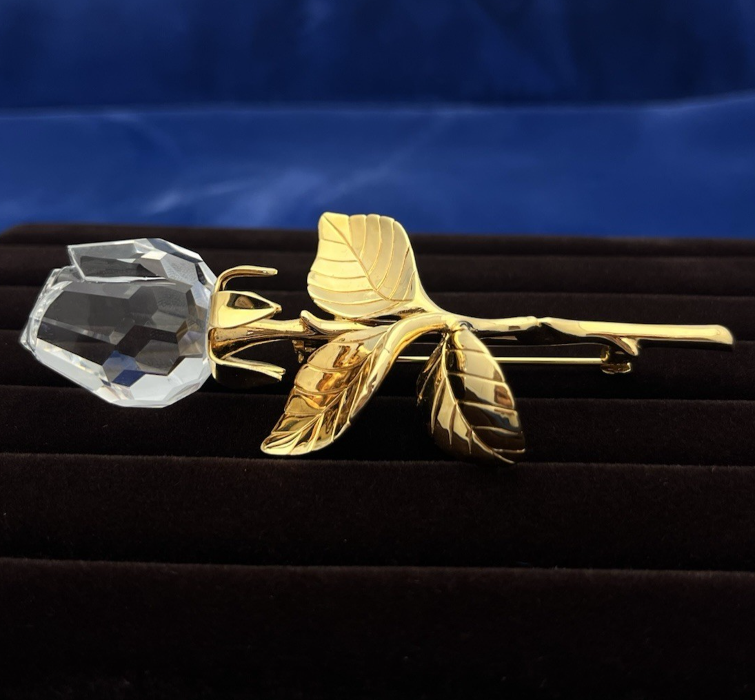 Swarovski Rose Brooch Gold Plated Clear Crystal “Memories Collection” Gorgeous!