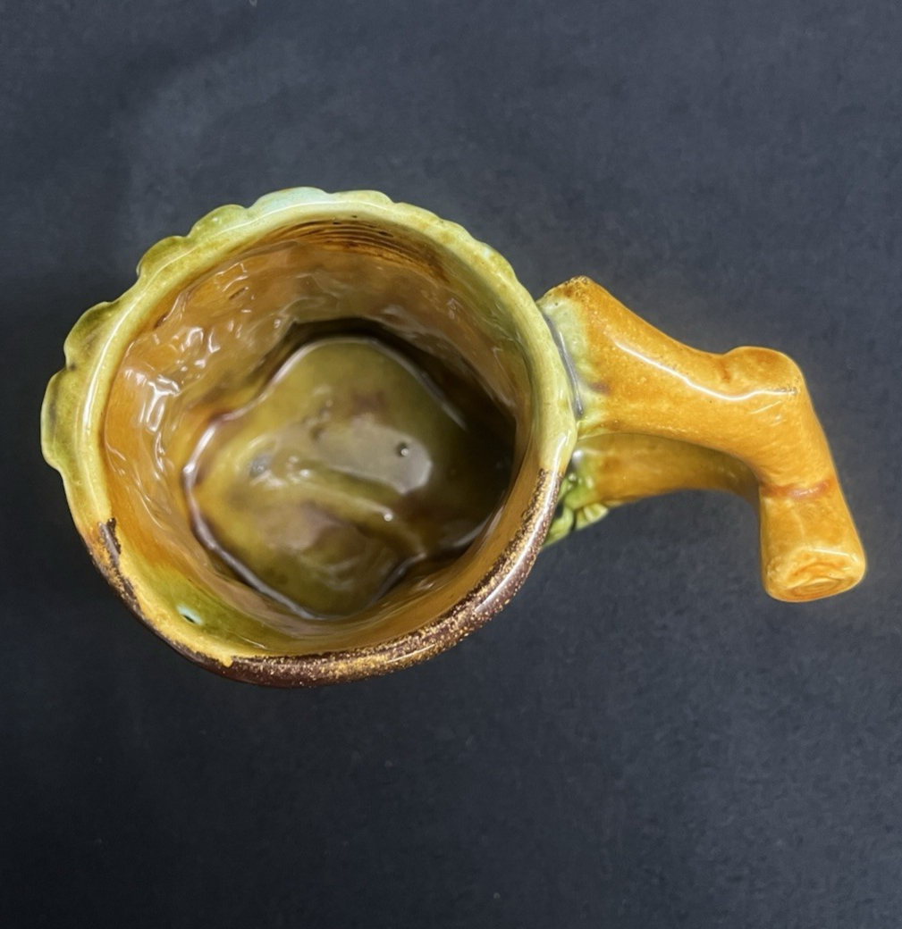 Antique Majolica Tree Trunk Textured Brown and Green Mug 4.5"