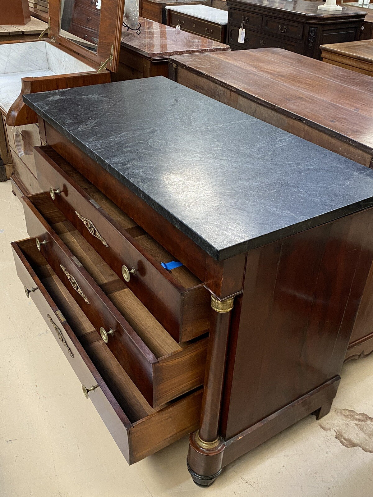 Antique Burled Walnut Mid-19th Century Empire and Marble Top Chest Commode