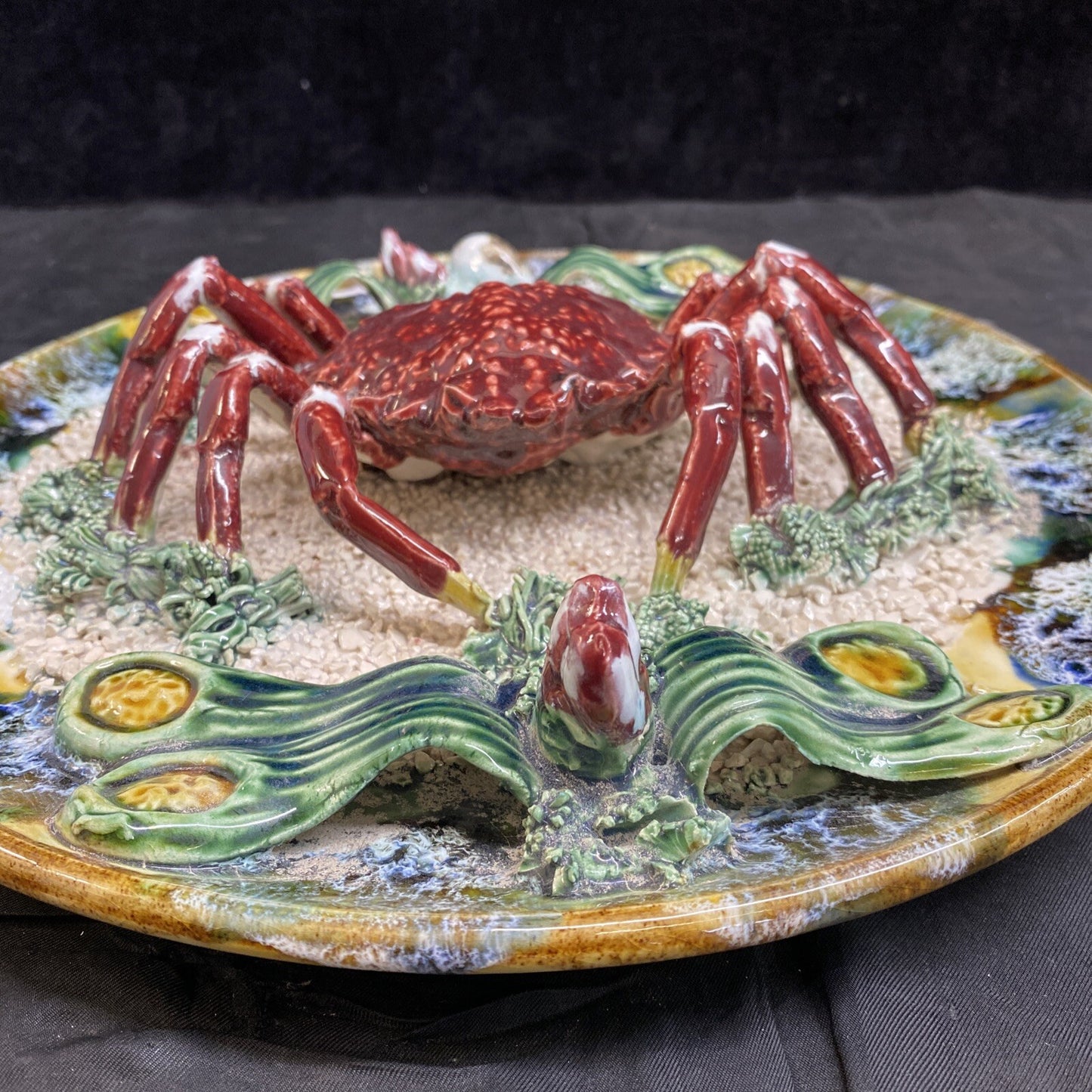 12" Antique Portugal Palissy Majolica Realistic Spider Crab Plate F. Mendes KM9