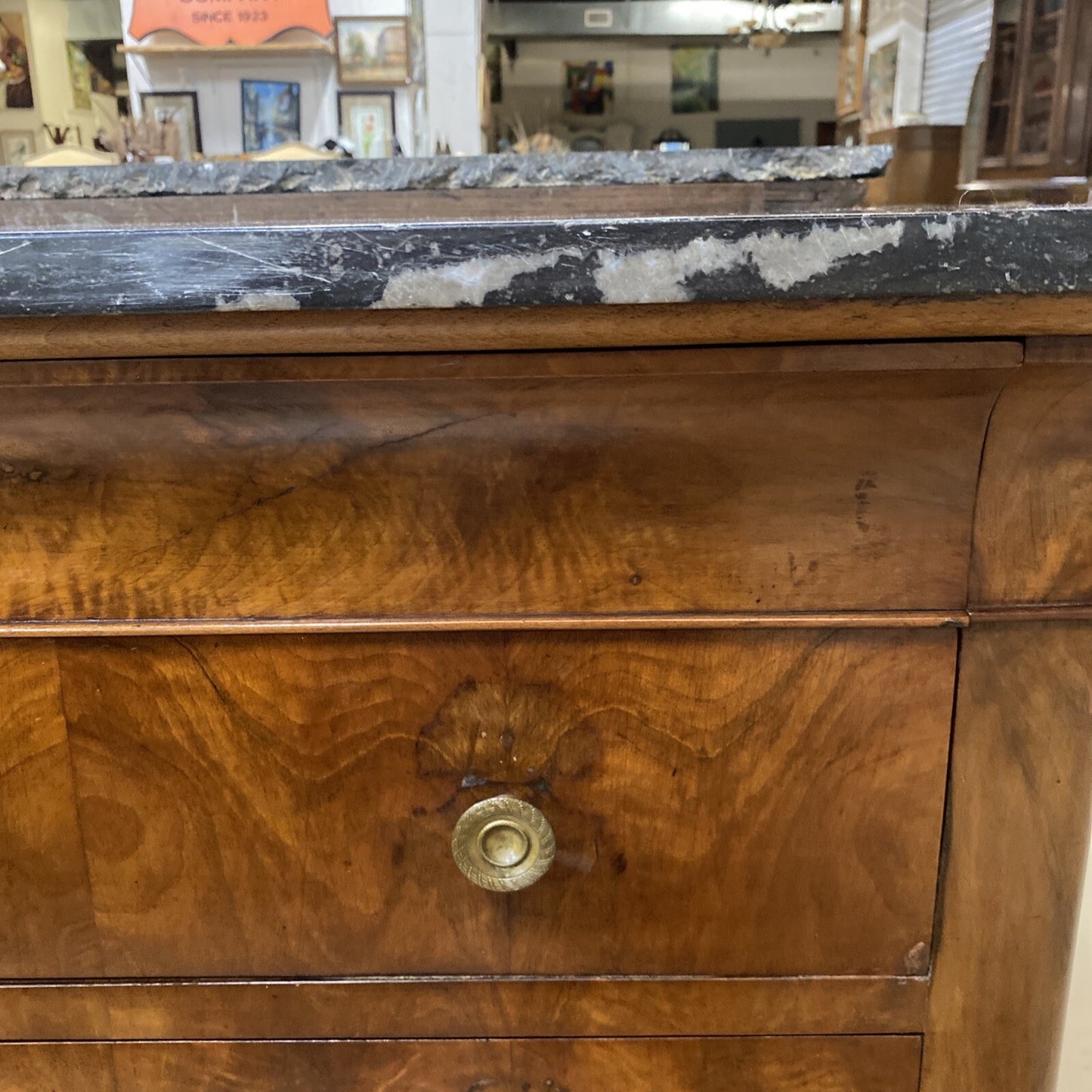 ANTIQUE FRENCH LOUIS PHILIPPE MARBLE-TOP FLAME BURLED MAHOGANY COMMODE CHEST