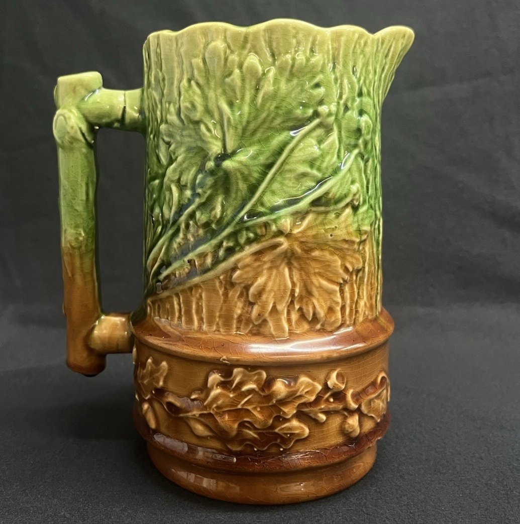 Antique Majolica Oak Leaf & Acorn Green Into Brown Glazed Pitcher 6.5"