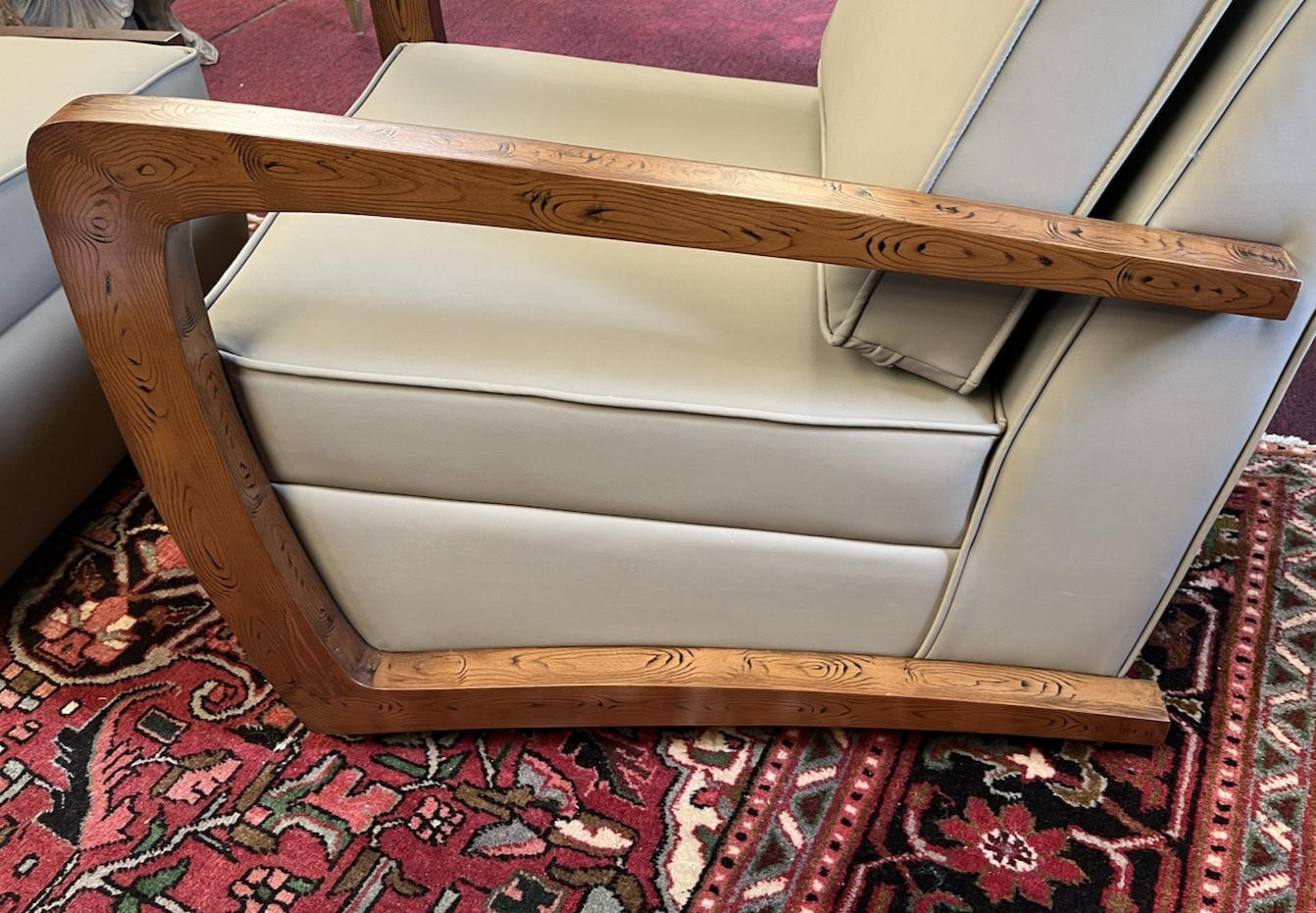 PAIR OF ART DECO STYLE UPHOLSTERED ARMCHAIRS & OTTOMANS