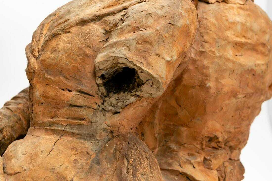 FRENCH TERRACOTTA SCULPTURE OLD HAPPY COUPLE W/ PIPE BUST FIGURES