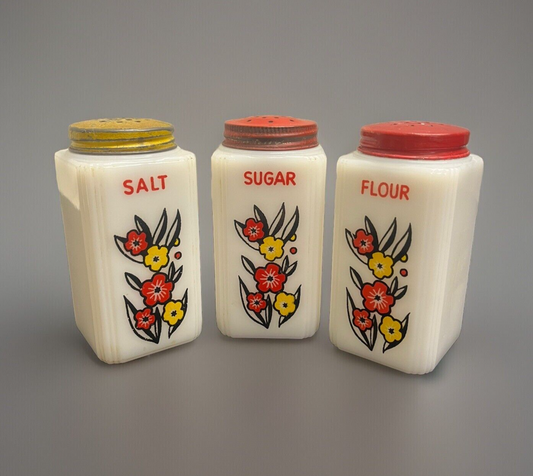 Tipp City Milk Glass Red and Yellow Poppies Shakers Set of 3