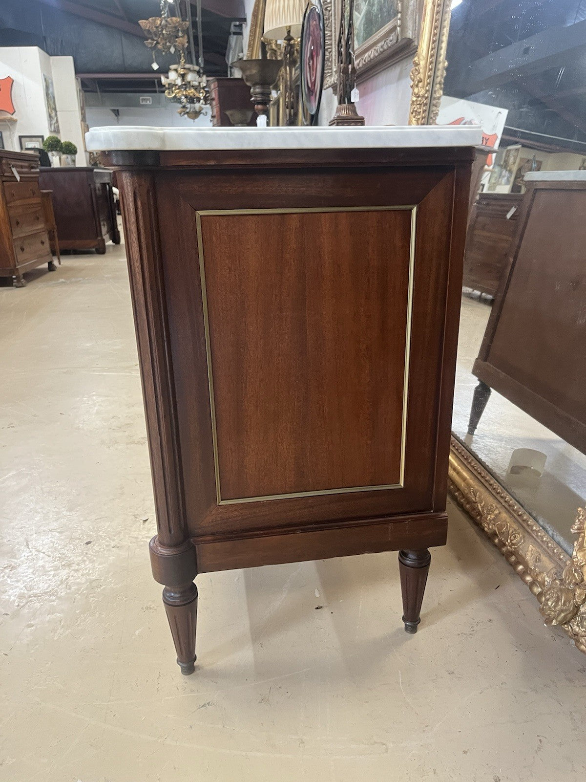 FRENCH LOUIS XVI WHITE MARBLE-TOP MAHOGANY 3-DRAWER COMMODE CHEST OF DRAWERS