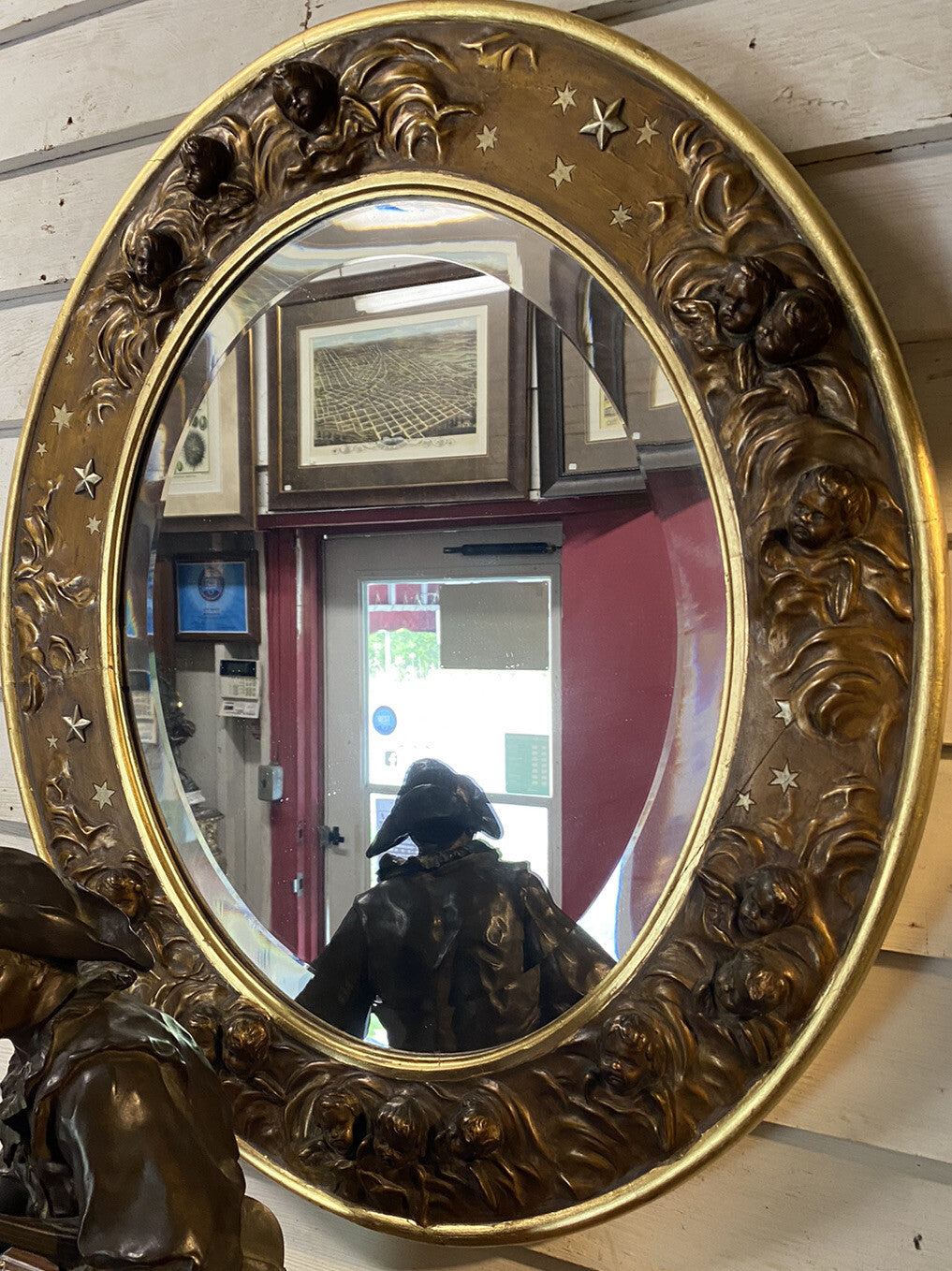 Antique Victorian Gold Oval Mirror w/ Cherub Faces and Wings
