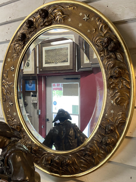 Antique Victorian Gold Oval Mirror w/ Cherub Faces and Wings
