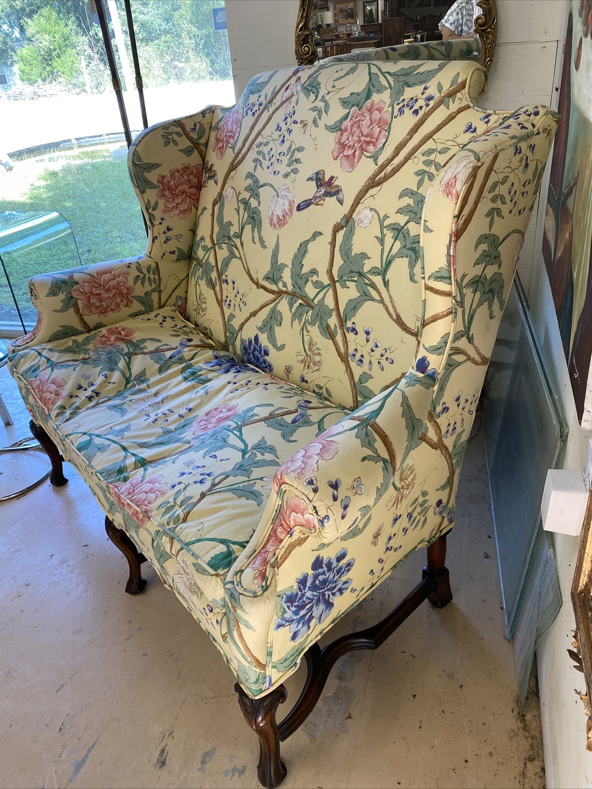 Antique Yellow Floral Queen Anne Mahogany Sofa Couch Settee Loveseat