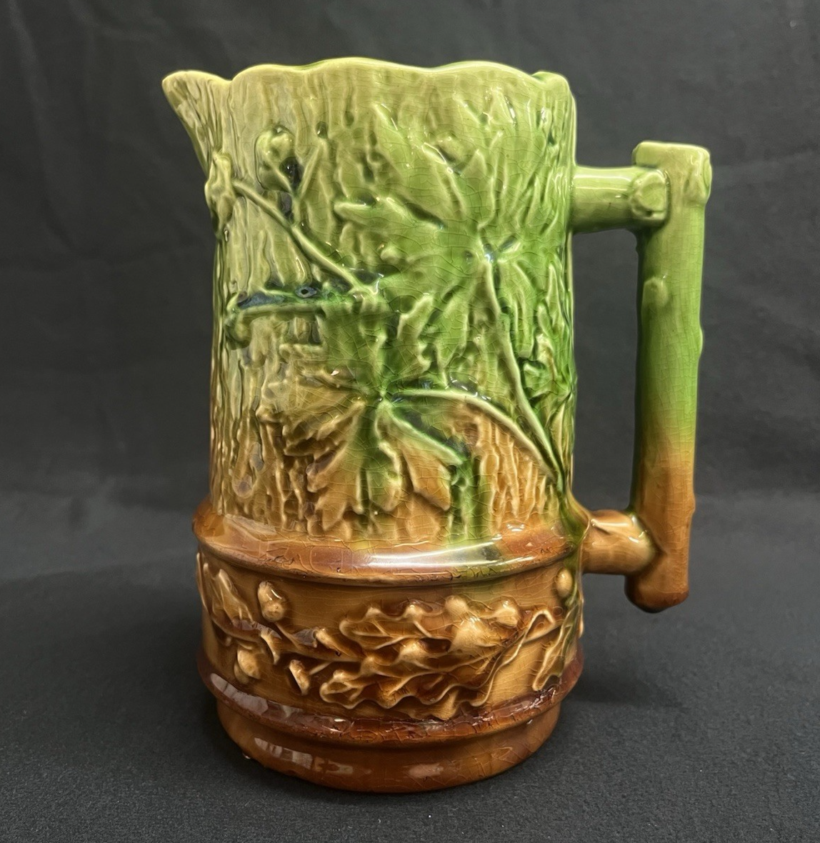 Antique Majolica Oak Leaf & Acorn Green Into Brown Glazed Pitcher 6.5"