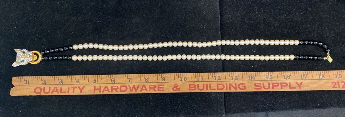 Vintage High End Black Panther Enamel Rhinestone Glass Faux Pearl Necklace