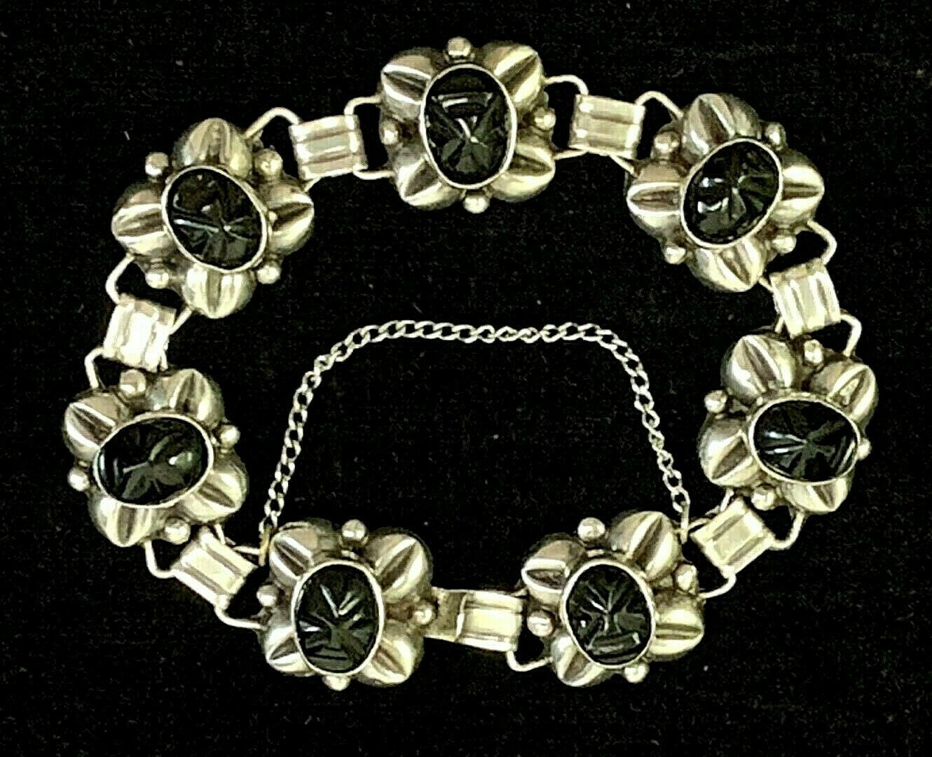 Vtg Taxco Signed Sterling Silver & Onyx 7 Link Bracelet  7 1/2" w Safety Chain