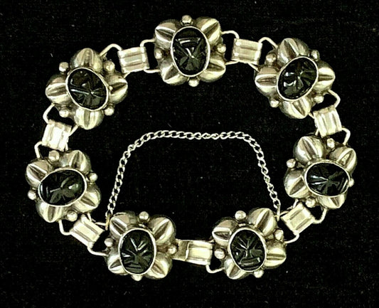 Vtg Taxco Signed Sterling Silver & Onyx 7 Link Bracelet  7 1/2" w Safety Chain