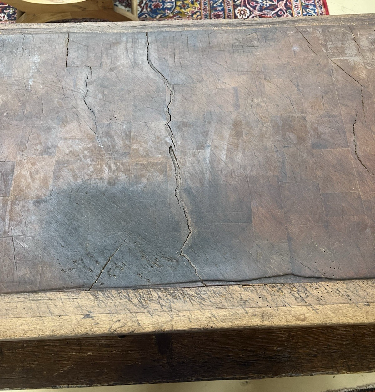 ANTIQUE FRENCH CARVED MIXED WOOD BUTCHER'S BLOCK WORK TABLE ISLAND 61" x 21"