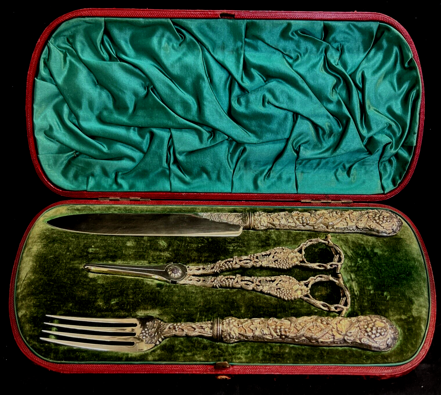 Ornate Gilt 3 Piece Dessert Set F Higgins Sterling Silver London 1896