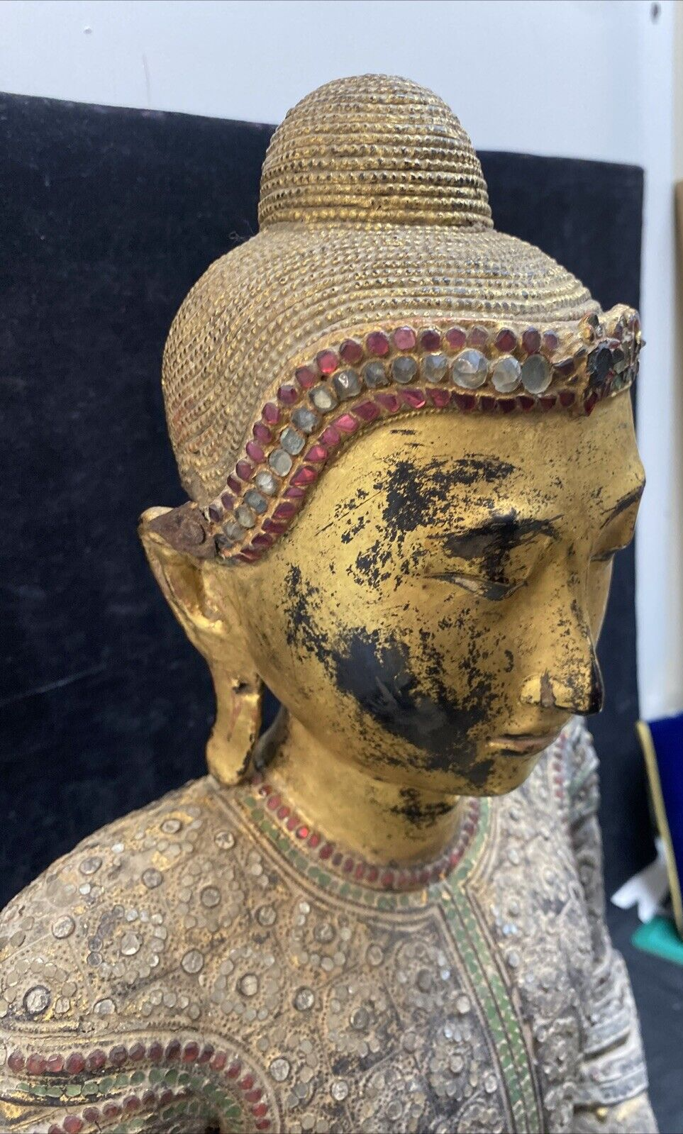 Thai Gilt Wood Seated Buddha Statue w/ Leather & Jewel Adornment