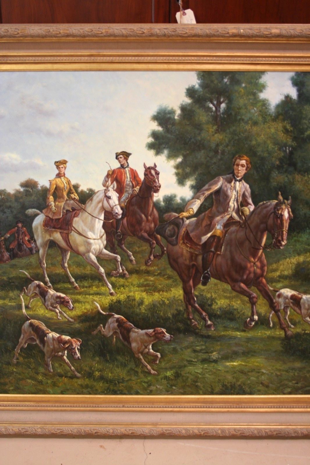 Oil Painting of Fox Hunt Scene Framed 5'x7' artist signed Wiliamson