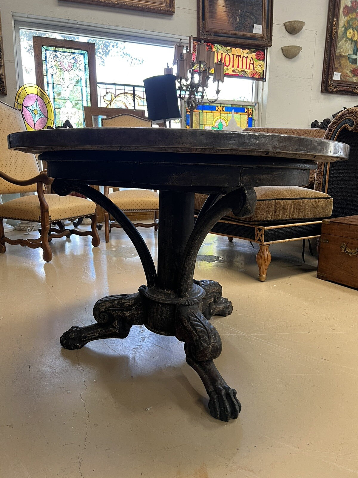 French gueridon table with planked top with stainless edge