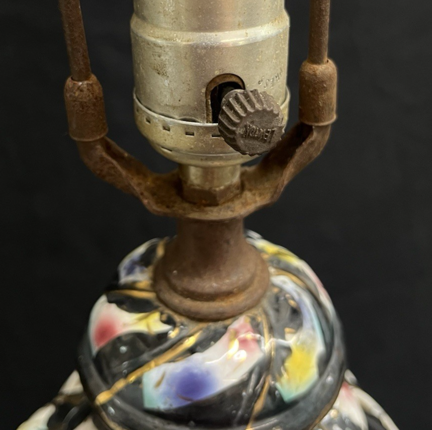 Vintage Capodimonte Porcelain Pierced Black & Gold Floral Lamp w/ Shade 26"