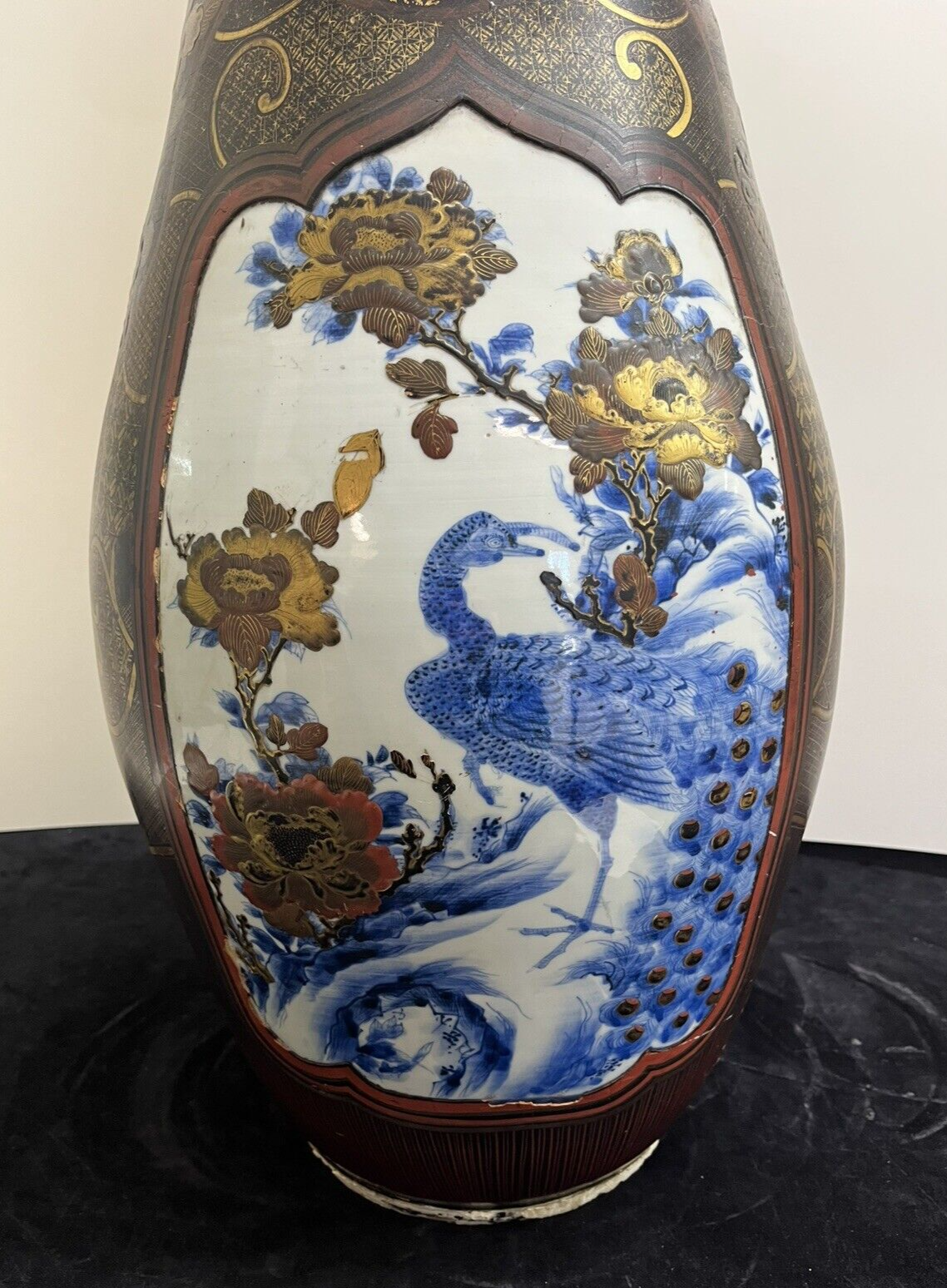 41" IMPRESSIVE MEIJI JAPANESE LACQUER COATED PORCELAIN PALACE VASE  FS1