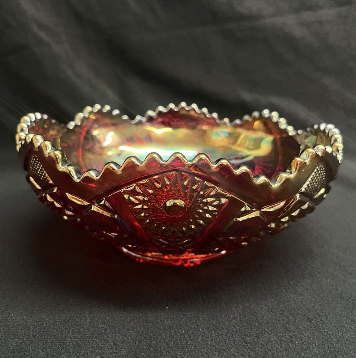 Imperial Glass OH Daisy & Button Rainbow Sunset Carnival Red Round Bowl 8"