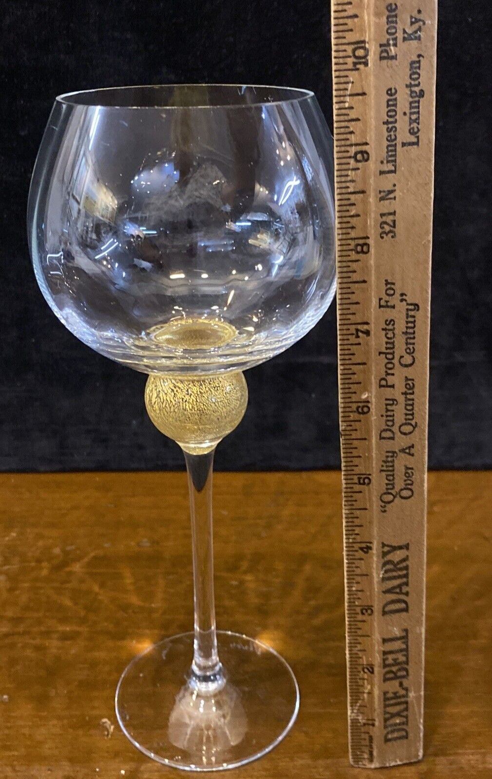 Vtg  Handmade Venetian Wine Glass 9.5" Gold Leaf Ball top of Stem Signed BH323