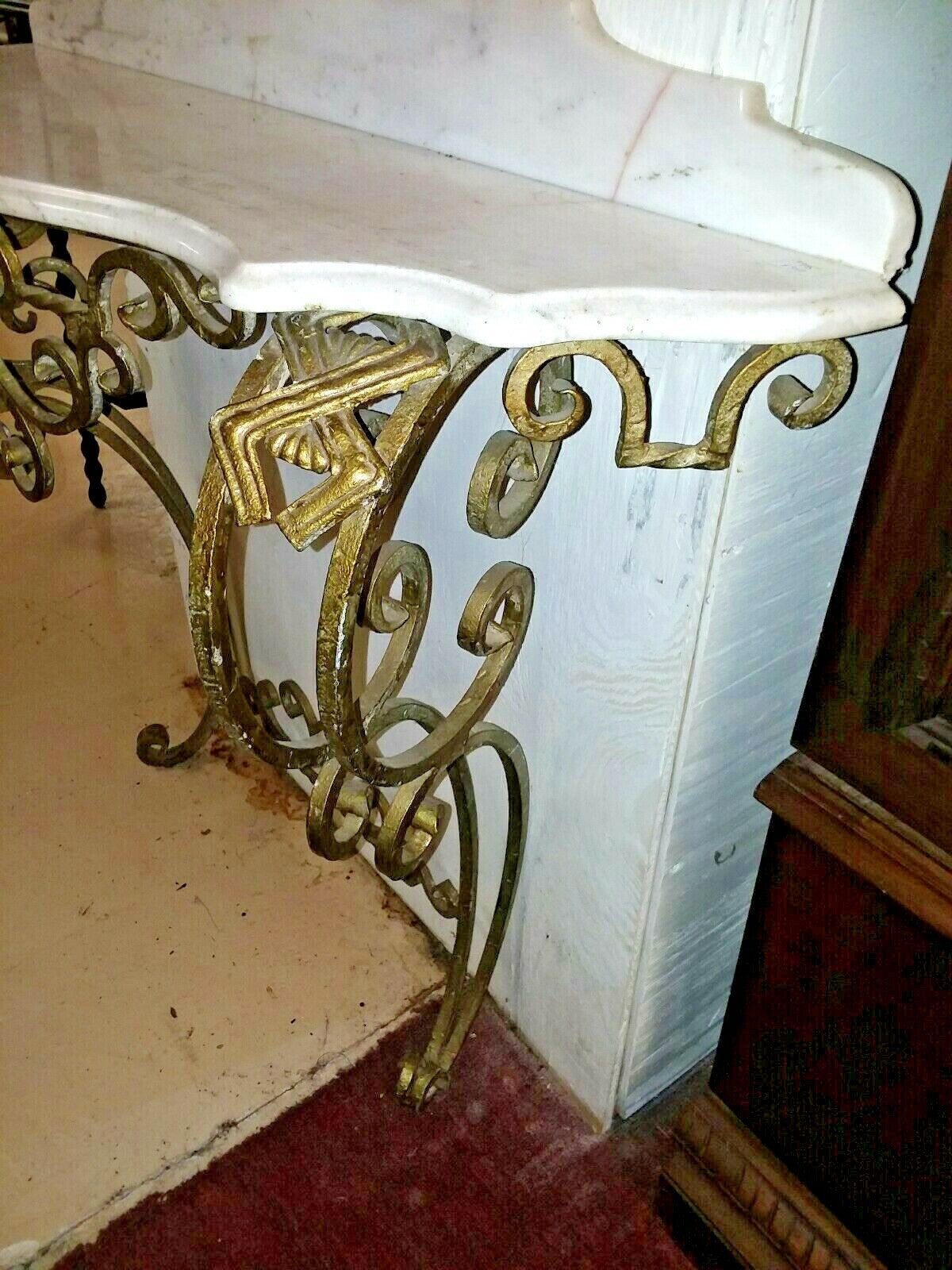 Antique Gilt Metal Console with Marble Top Entryway Italian