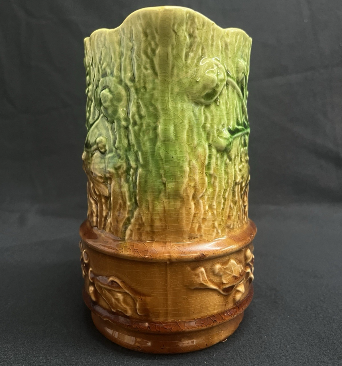 Antique Majolica Oak Leaf & Acorn Green Into Brown Glazed Pitcher 6.5"