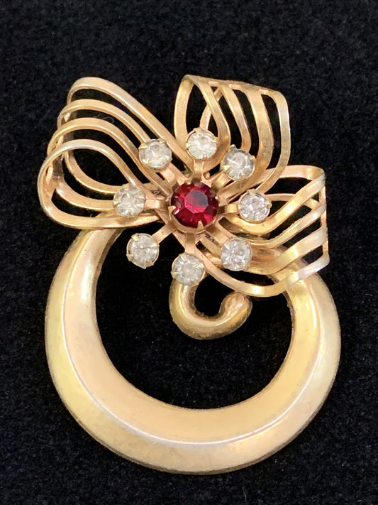 1940's Gold Circle Flower Brooch Pin Pendant  Ribbon with Ruby and Rhinestones