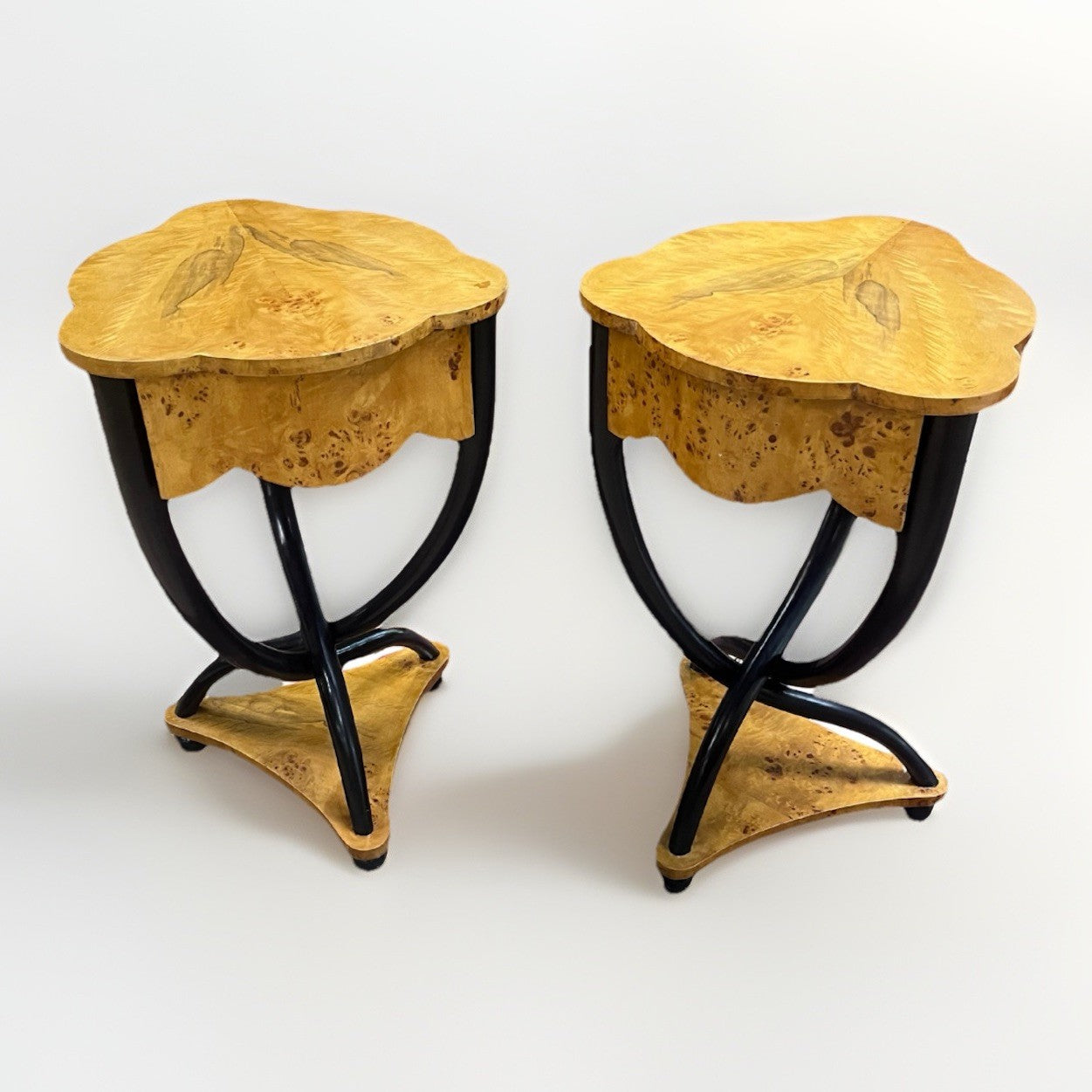 PAIR OF MODERN ART DECO BURL BIRDS EYE MAPLE SIDE END SOFA TABLES