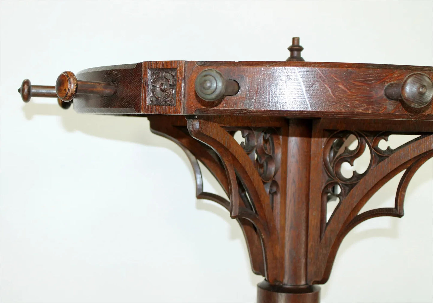 Antique French Gothic Revival Carved Oak Round Pedestal Rotating Coat Tree Rack