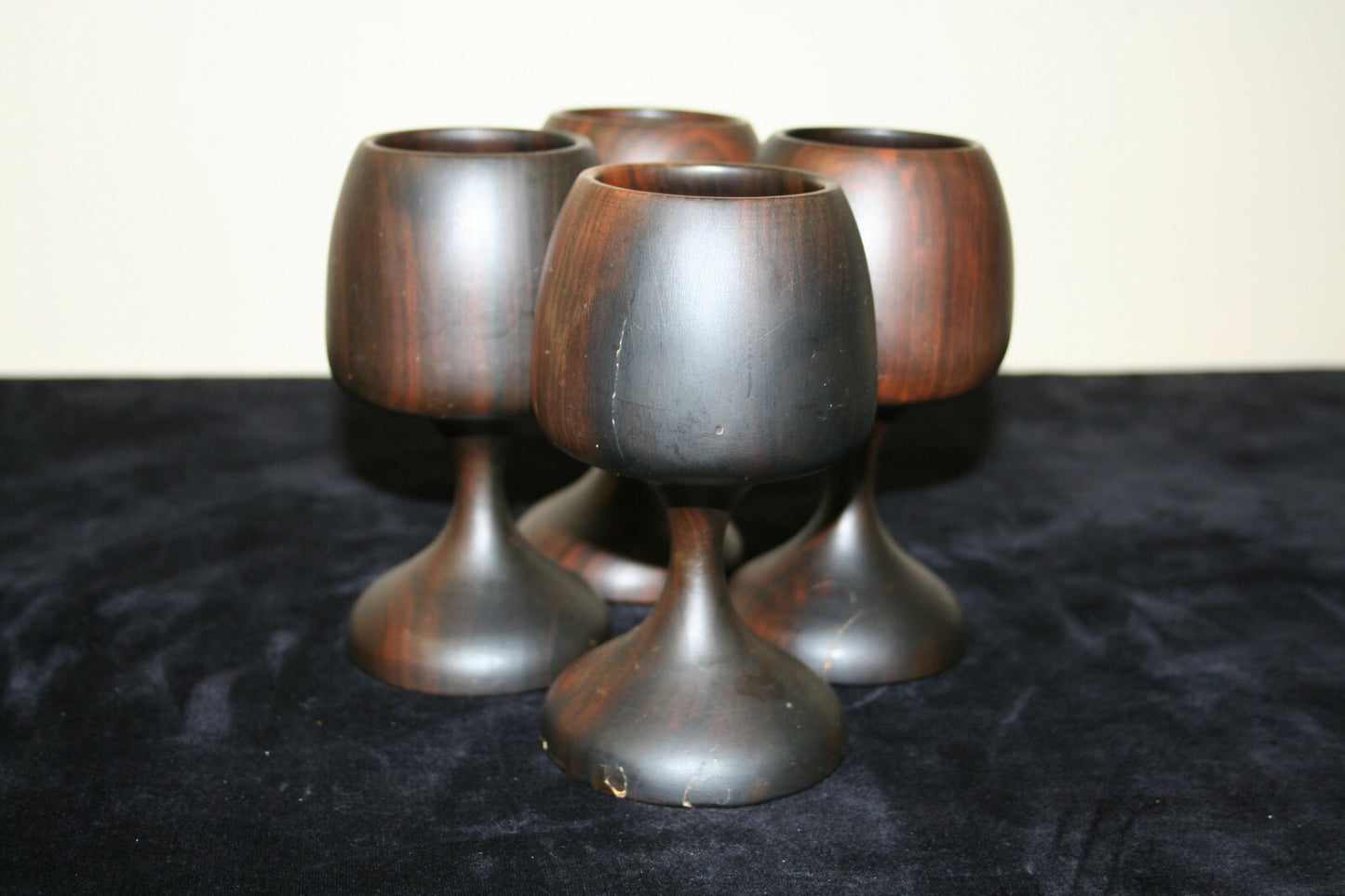 Vintage Handmade Carved Wood Goblets Chalice Shaped Lot of 4 Excellent H 6"