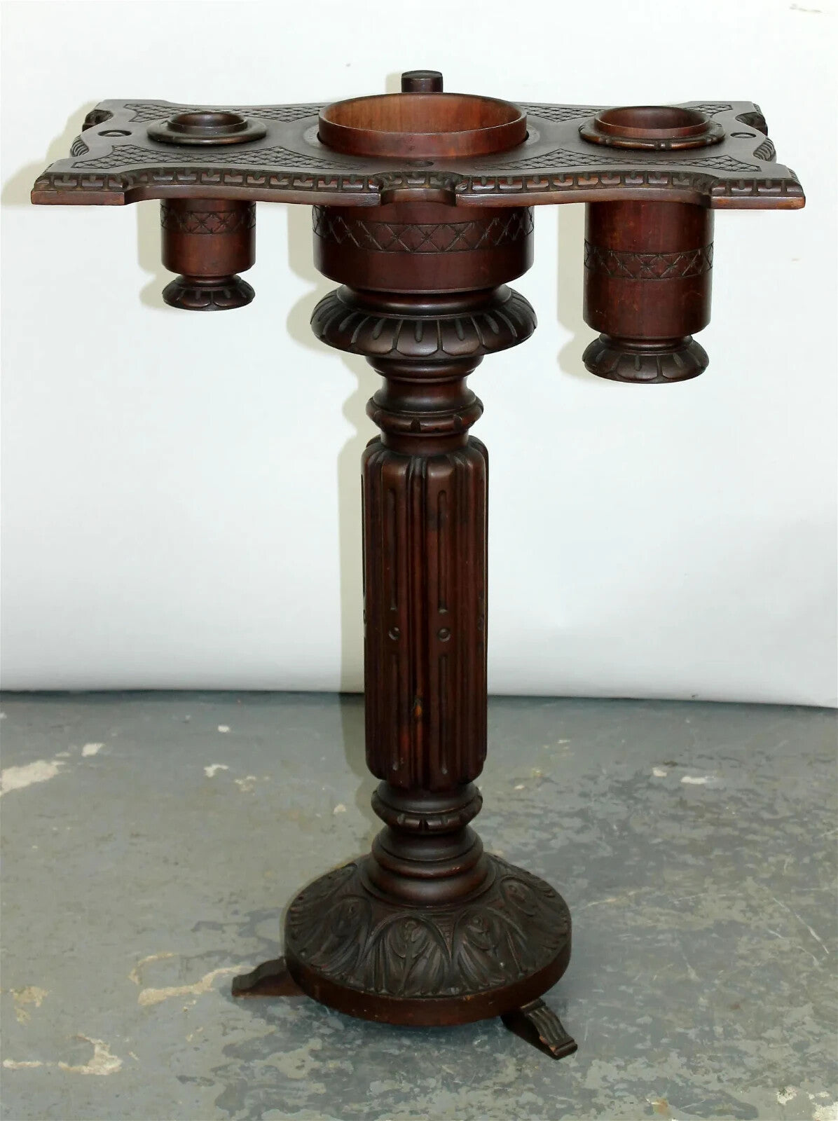 Antique German Carved Swivel Smoking Stand Black Forest Style Pipe Cigar Tobacco