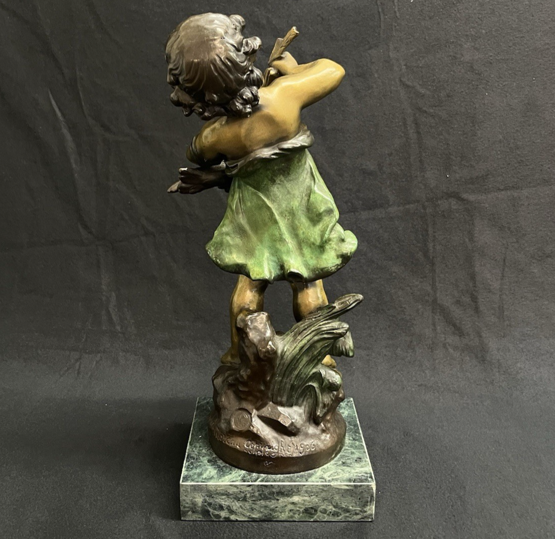 Vintage Auguste Moreau Bronze Sculpture on Marble Base Child w/ Goose Copr. 1906