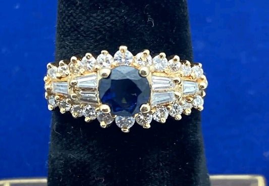 Vintage 14k gold Sapphire and Diamond  Ring Size 6.25 5g total 27 diamonds