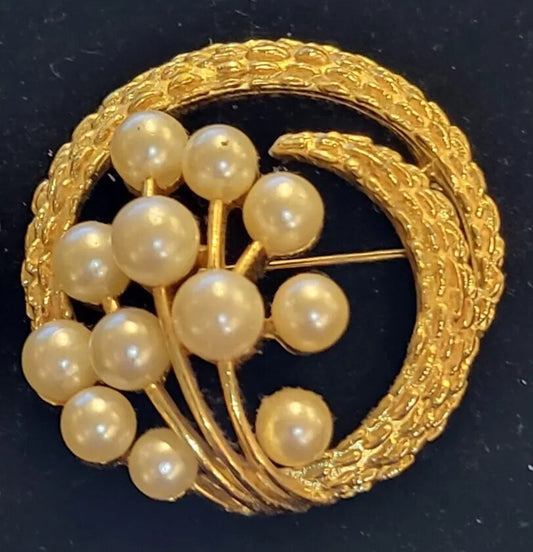 vintage signed  Crown Trifari Brooch. Gold Tone Metal, Faux Pearls 1 3/4" 1950"s