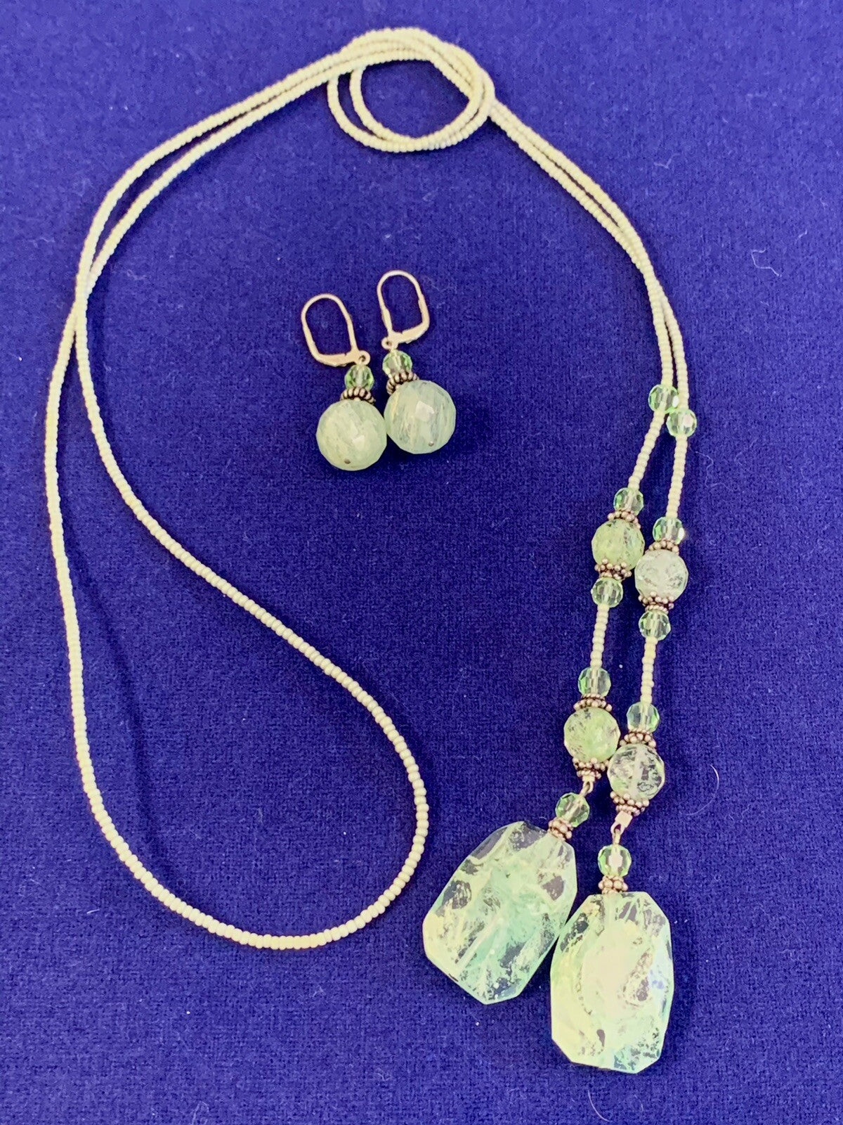 Glass Beaded 46" Mint Green Lariat Necklace & Earring Set Never Worn Great Gift