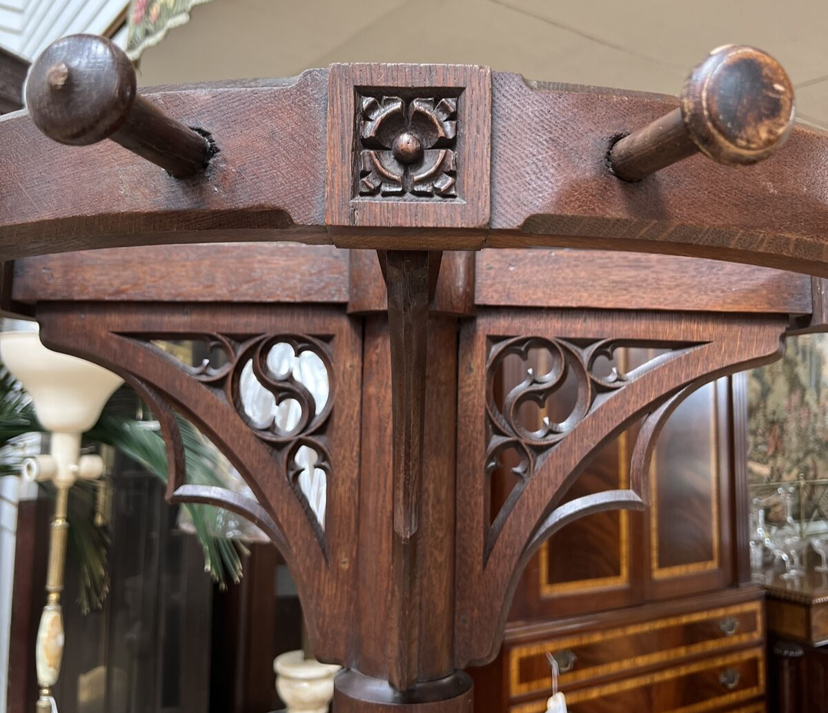 Antique French Gothic Revival Carved Oak Round Pedestal Rotating Coat Tree Rack