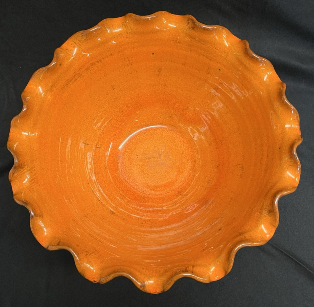 Large Stoneware Orange Glazed Ruffled Bowl w/ Handles 14.5"