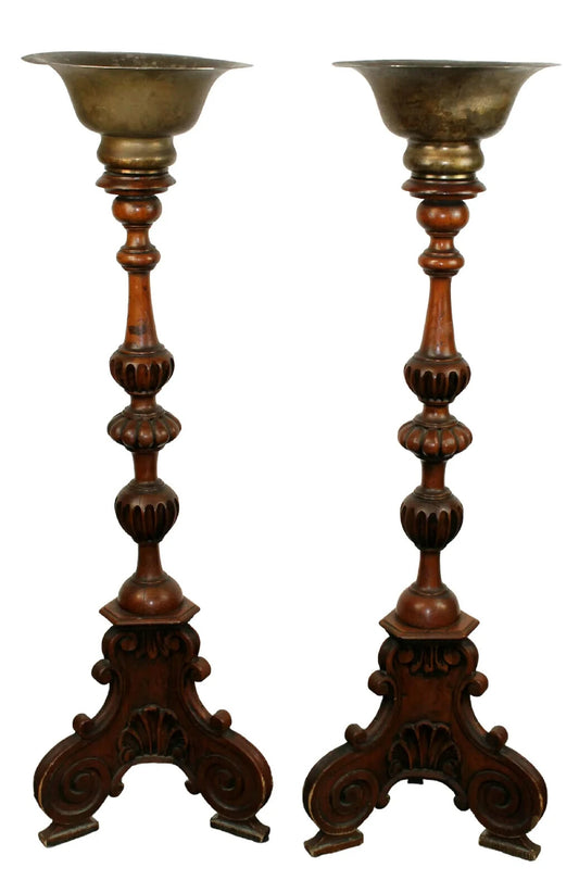 Pair of Antique French Oak Tall Pedestals brass planters jardinière entryway