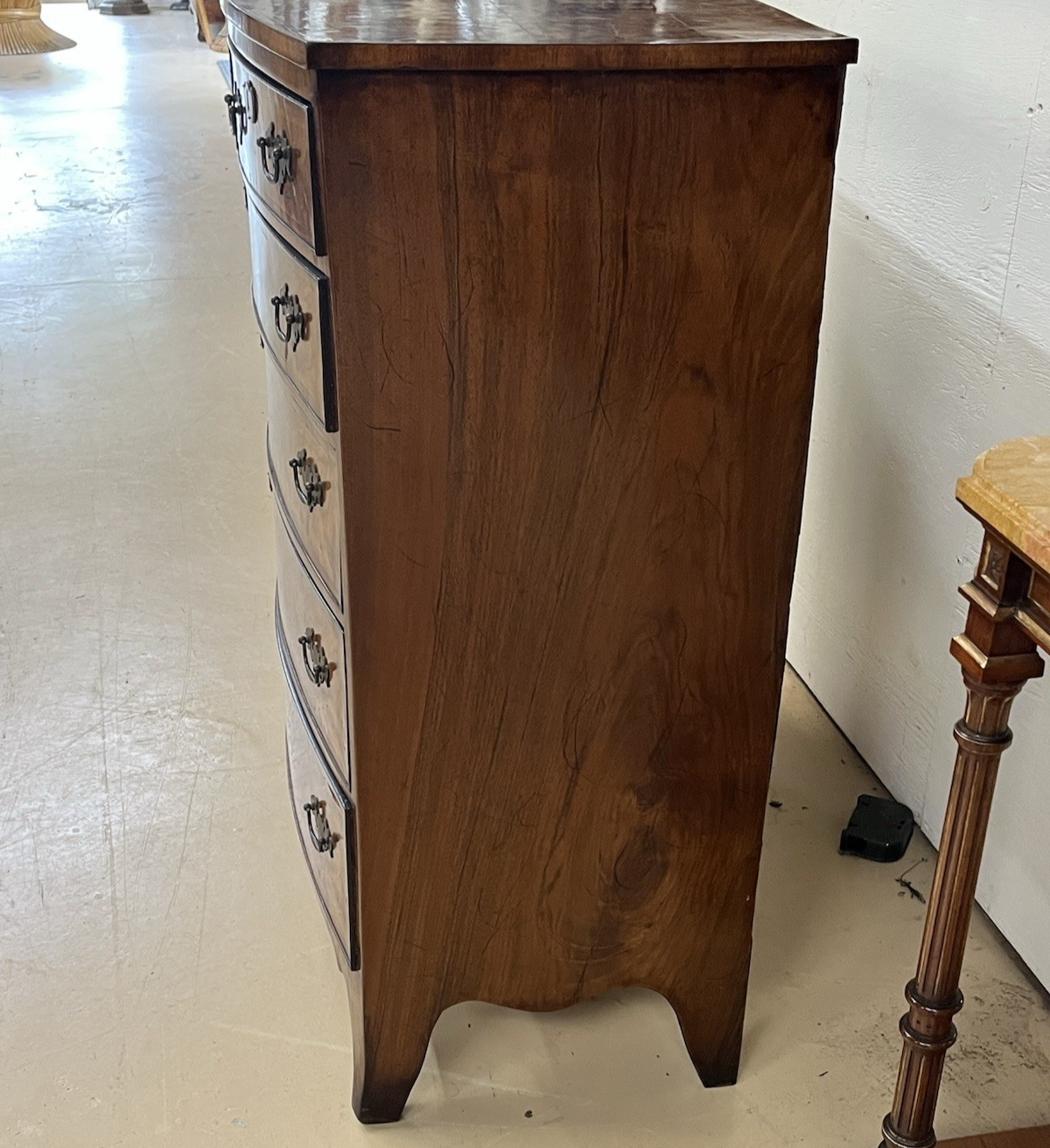 PERIOD ENGLISH REGENCY BURLED WALNUT BOW FRONT TALL CHEST OF DRAWERS