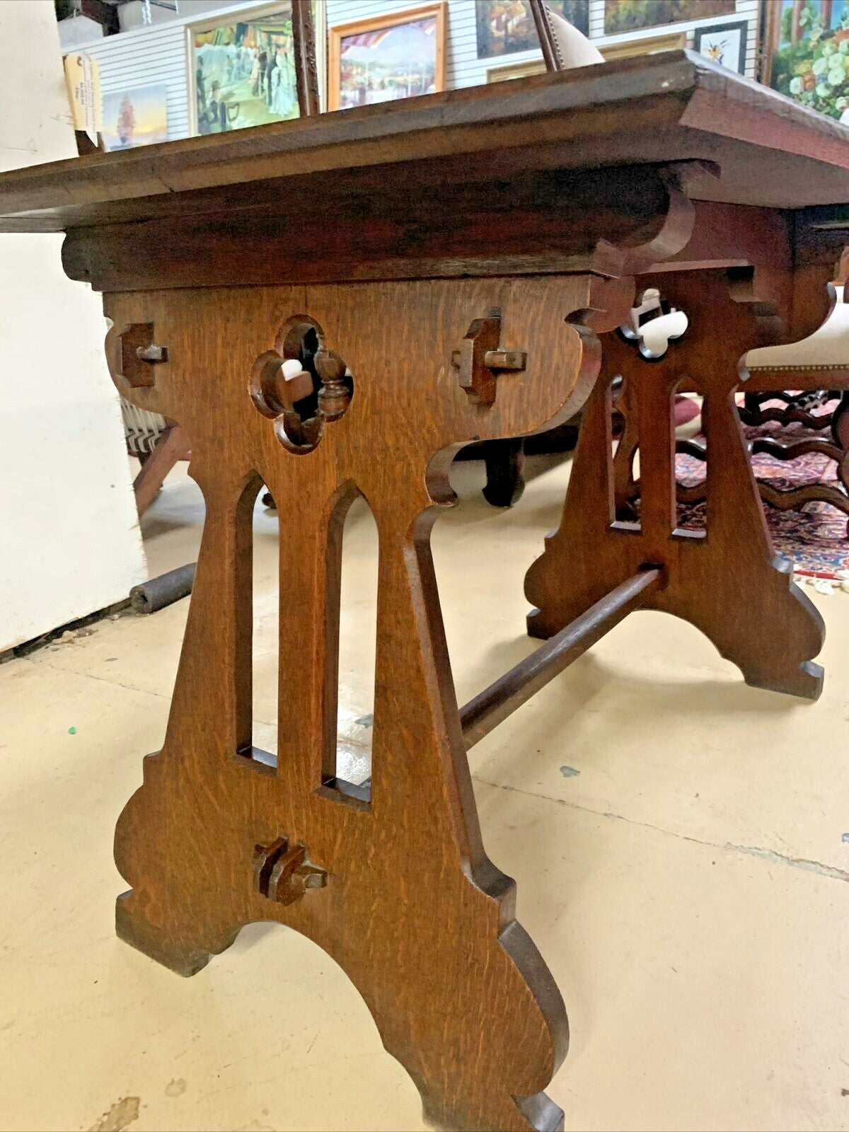 Antique French Solid Oak Gothic Ogee Writing Desk Table Bureau Plat Trestle