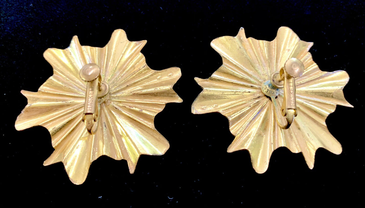 Miriam Haskell Signed Earrings Large 2" Gold Starburst Screw Back Clip MCM 60's