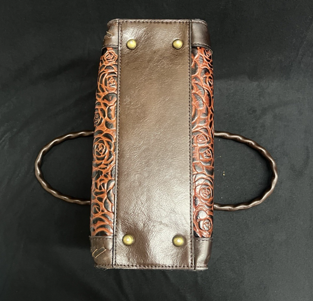 Patricia Nash Tooled Leather Brown Floral Tote Bag w/ Adjustable Strap 11.5"