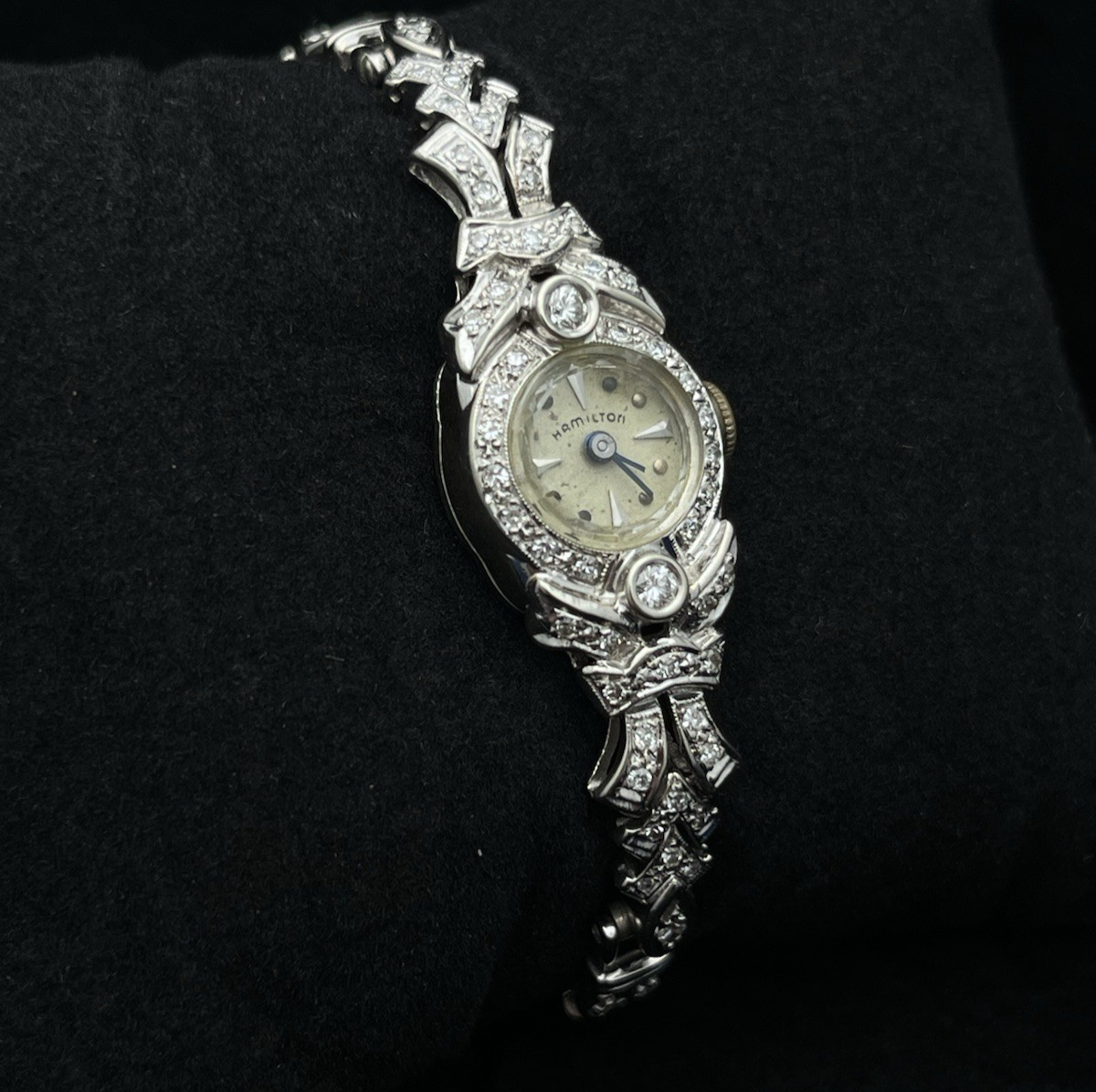 18g Vtg Hamilton Ladies 757 Diamond Watch 14K White Gold 22J Manual Wind Art Dec